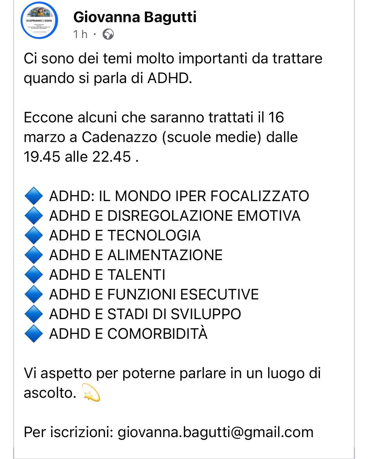 ADHD: Serata informativa a Cadenazzo