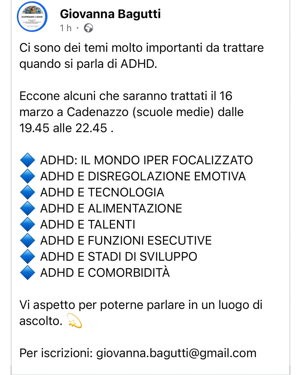 ADHD: Serata informativa a Cadenazzo